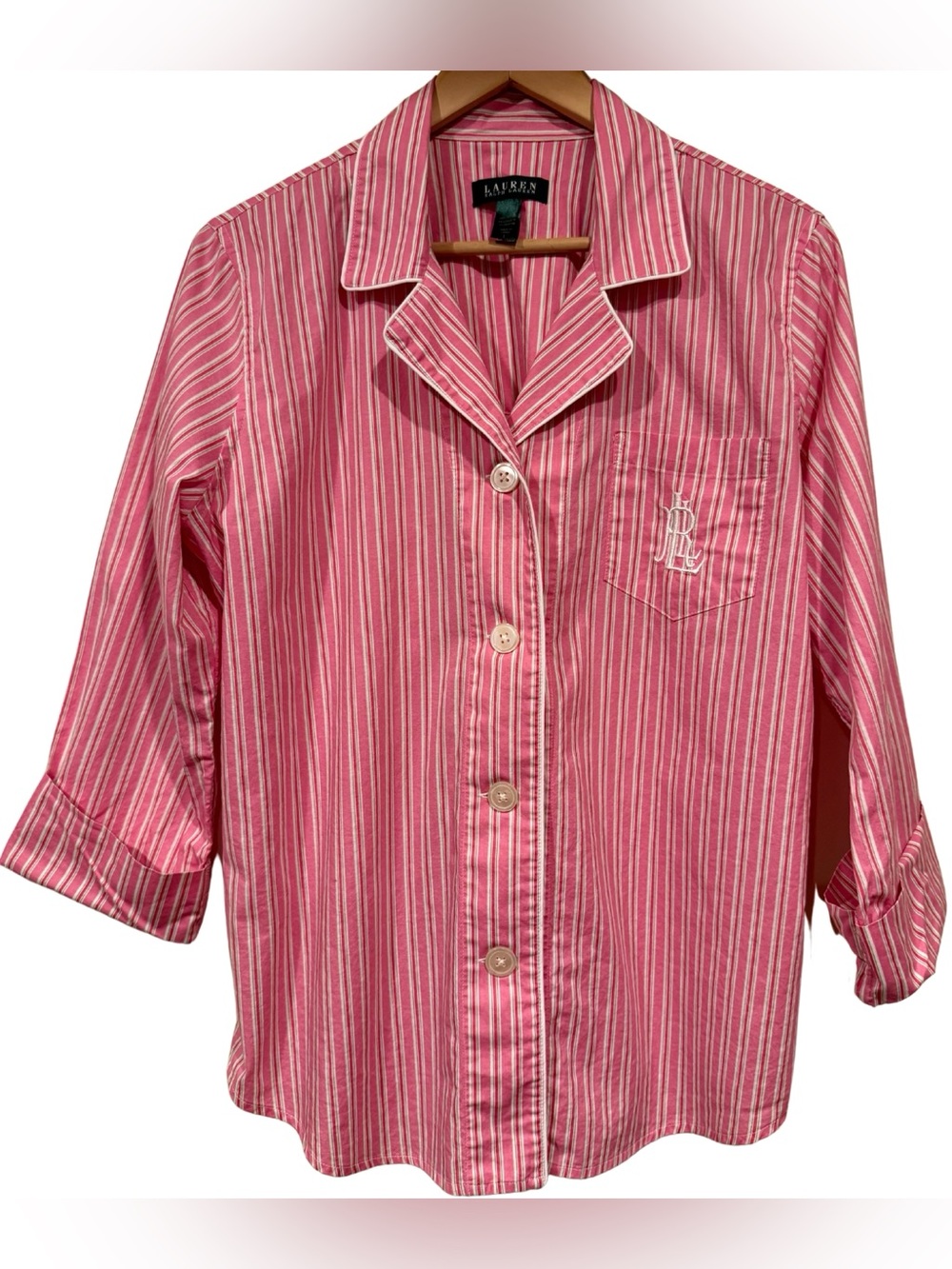 Lauren Ralph Lauren 100% Cotton Pajama Top Pink White Stripe LRL Logo L Preppy